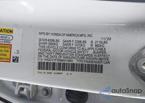 2021 Honda Accord Ex-L from USA, damaged, VIN 1HGCV1F50MA014991